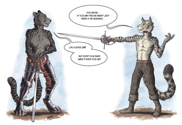 5_fingers anthro areola armor belt blue_eyes bottomwear breasts casual_exposure chest_tuft clothed clothing cuisse dialogue duo eye_contact female fingers footwear fur grey_body grey_fur holding_melee_weapon holding_object holding_sword holding_weapon inner_ear_fluff leopard_spots looking_at_another male male/female markings melee_weapon nipples pants sabatons speech_bubble spots striped_markings striped_tail stripes sword tail tail_markings text topless topless_anthro topless_female topless_male tuft weapon whisker_spots yellow_eyes 0laffson river_(xanderh) felid hybrid jaguar mammal pantherine tiger 2026 english_text hi_res painting_(artwork) traditional_media_(artwork) watercolor_(artwork)