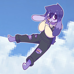 ambiguous_anthro ambiguous_gender anthro band-aid band-aid_on_face band-aid_on_knee band-aid_on_leg bandage bandage_on_face barefoot black_clothing black_overalls blue_sky blush clothed clothed_ambiguous clothed_anthro clothing cloud collar feet floppy_ears fully_clothed fully_clothed_ambiguous fully_clothed_anthro fur hair hoodie lop_ears outline overalls pink_collar pixelated_background purple_body purple_fur purple_hair sky smile solo spiked_collar spikes tan_clothing tan_hoodie tan_topwear topwear torn_overalls white_outline bravobunny lagomorph leporid mammal rabbit 1:1 full-length_portrait hi_res portrait