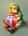 blonde_hair blush boots clothing duo flute footwear hair hat headgear headwear hug humanoid_pointy_ears light_body light_skin male musical_instrument not_furry pink_body pointy_ears shoes sitting wind_instrument woodwind_instrument sayoyon kirby_(series) nintendo ocarina_of_time the_legend_of_zelda kirby young_link alien elf humanoid hylian waddling_head crossover