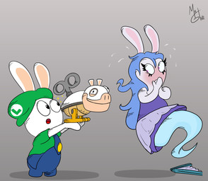 anthro black_eyes blue_body blue_clothing blue_overalls blush blushing_profusely carrying_another clothed clothed_anthro clothed_female clothed_male clothing covering covering_mouth dress duo embarrassed eye_contact eyelashes female fully_clothed fully_clothed_anthro fully_clothed_male fur green_clothing green_hat green_headwear green_shirt green_topwear hat headgear headwear impressed legless long_ears looking_at_another machine male mitten_hands noseless open_mouth overalls paper_fan pink_inner_ear purple_clothing purple_dress purple_eyes red_tongue shirt short_legs sideways_hat simple_background sparkles standing straight_arms tan_inner_ear tongue topwear white_body white_fur yellow_legs mrgametv1994 mario_bros mario_plus_rabbids_kingdom_battle mario_plus_rabbids_sparks_of_hope nintendo raving_rabbids rayman_(series) ubisoft midnite_(mario_plus_rabbids) rabbid_luigi ghost hybrid koopa lagomorph mammal mechakoopa rabbid robot scalie spirit 2023 absurd_res colored crossover digital_drawing_(artwork) digital_media_(artwork) hi_res shaded signature