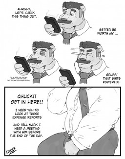 anthro bodily_fluids bottomwear bulge clothing collared_shirt dialogue dress_shirt drooling facial_hair hypnosis hypnotic_screen male mature_male mind_control mustache necktie pants pubes ringed_eyes saliva shirt simple_background solo submissive submissive_male text topwear cadek_(artist) dirk_fenrir felid lion mammal pantherine comic english_text greyscale hi_res monochrome father_(lore) incest_(lore) parent_(lore)