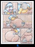 anthro belly big_belly blue_hair breasts butt clothing female gloves hair handwear inside oral_vore overweight solo vore virus-20 avian bird canid canine canis chicken galliform gallus_(genus) mammal phasianid wolf 2013 comic traditional_media_(artwork)