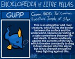 ambiguous_gender blue_background color_swatch encyclopedia encyclopedia_of_little_fellas feral geometric_background hexagon hexagonal_grid simple_background solo text dedepinel hades_(game) fish gupp_(hades) marine cel_shading colored english_text hi_res shaded signature