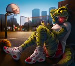 anthro ball basketball_(ball) basketball_hoop bottomwear building butt butt_from_the_front cellphone city clothed clothing electronics female footwear hand_behind_head holding_cellphone holding_object holding_phone outside phone shirt shoes shorts sitting smile sneakers socks solo spikes spikes_(anatomy) topwear fivel reebok lizard reptile scalie 2020