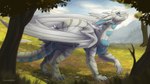 blue_body blue_eyes blue_pawpads blue_scales claws female feral field flower fluffy_mane happy horn mane nature pawpads plant scales solo striped_body stripes tree walking white_mane wings levendra european_mythology mythology dragon mythological_creature mythological_scalie scalie western_dragon 16:9 4k absurd_res hi_res widescreen