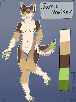 anthro female genitals green_eyes green_flesh green_nipples nipples nude posed raised_leg smile smiling_at_viewer smirk smirking_at_viewer solo vulva lazy_growl jamie_(mistah_novikov) canid canine canis coyote mammal 3:4 absurd_res hi_res model_sheet