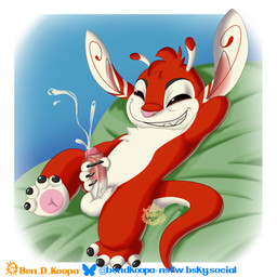 4_fingers 4_toes antennae_(anatomy) anthro balls bedding biped black_claws blanket bluesky_logo bodily_fluids border brown_eyes chest_tuft claws cum cumshot dipstick_antennae ejaculation erection eyebrows feet finger_claws fingers fur furaffinity_logo genital_fluids genitals glans green_blanket head_tuft humanoid_genitalia humanoid_penis logo lying male masturbation multicolored_antennae multicolored_body multicolored_fur narrowed_eyes on_back outside_border pawpads penile penile_masturbation penis pink_glans pink_nose pink_pawpads red_body red_fur smile smirk solo text toes tuft two_tone_body two_tone_fur white_balls white_body white_border white_fur ben_d_koopa benediktus_(artist) disney furaffinity lilo_and_stitch fan_character ferlo alien experiment_(lilo_and_stitch) 1:1 absurd_res artist_logo artist_name digital_drawing_(artwork) digital_media_(artwork) english_description hi_res watermark