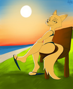 anthro beach bedroom_eyes bench blue_eyes clothing feet female footwear fur light looking_at_viewer loose_footwear narrowed_eyes sand sandals seductive shoe_dangle shoes smile smiling_at_viewer solo sun swimwear tail thick_thighs toes white_body white_fur a9ymus disney zootopia skye_(zootopia) arctic_fox canid canine fox mammal true_fox 2024 absurd_res digital_media_(artwork) hi_res lighting shaded