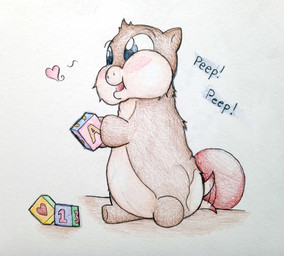 ambiguous_feral ambiguous_gender ball blue_eyes blush brown_body brown_fur countershading dipstick_tail featureless_crotch feral fur heart_symbol holding_object holding_toy markings neonate open_mouth peep_(sound_effect) puffed_cheeks red_tail_tip sitting smile solo tail tail_markings tail_motion tailwag tan_body tan_countershading toy toy_block young young_ambiguous young_feral delishdelay fluffy_pony fluffy_pony_(species) mammal 2026 colored_pencil_(artwork) hi_res traditional_media_(artwork)