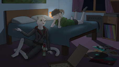 alcohol anthro bed bedroom beverage black_bottomwear black_clothing black_footwear black_hair black_legwear black_shirt black_shorts black_socks black_topwear bottomwear box checkered checkered_clothing checkered_shirt checkered_topwear cigarette clothed clothing collared_shirt container detailed_background dress_shirt duo eyes_closed food footwear fur furniture green_clothing green_shirt green_topwear grey_body grey_fur hair horn hotpants inner_ear_fluff jacket lamp lava_lamp legwear looking_at_another lying male nightstand pattern_clothing pattern_shirt pattern_topwear pillow pizza pizza_box record_player shirt shorts sitting smile socks speaker tank_top topwear tuft undershirt whiskey white_body white_eyes white_fur white_hair window orbitalis bovid caprine domestic_cat felid feline felis goat mammal 16:9 4k absurd_res hi_res widescreen