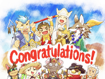 anthro belly blush clothed clothing countershading eyes_closed eyewear female glasses group humanoid_hands male mohawk slightly_chubby text tusks ryou_0327 lifewonders tokyo_afterschool_summoners ganglie_(tas) gyumao_(tas) hakumen_(tas) hanuman_(tas) seth_(tas) thunderbird_(tas) xolotl_(tas) accipitrid accipitriform avian bird bovid bovine canid canine canis domestic_dog eagle haplorhine jackal mammal monkey primate suid suine sus_(pig) wild_boar 2018 4:3 english_text hi_res