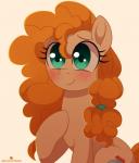 blue_eyes cutie_mark eyelashes female feral hair hooves long_hair orange_hair simple_background smile solo verawitch friendship_is_magic hasbro my_little_pony pear_butter_(mlp) earth_pony equid equine horse mammal pony 2017