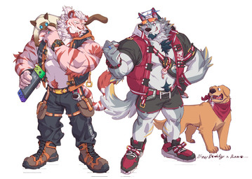 abs anthro arm_tuft athletic_wear barazoku beard black_bottomwear black_clothing black_gloves black_handwear black_hoodie black_pants black_shirt black_shorts black_topwear blue_eyes blue_hair blue_halo boots bottomwear bracelet brown_boots brown_clothing brown_footwear cheek_scar chest_tuft claws clock clothed clothing controller duo elbow_tuft eye_scar facial_hair facial_scar feral finger_claws fingerless_gloves footwear forearm_muscles fur game_controller gloves goatee grey_body grey_fur gym_bottomwear gym_shorts hair halo handwear holding_controller holding_game_controller holding_nintendo_switch holding_object hoodie jewelry leg_holster male multicolored_body multicolored_fur muscular muscular_anthro muscular_male navel open_clothing open_shirt open_topwear orange_body orange_fur pants pawpads pecs pink_body pink_fur ponytail pubes red_ascot red_clothing red_footwear red_shoes red_sneakers red_stripes red_topwear red_vest red_wristband ring_(jewelry) scar shirt shoes short_ponytail shorts simple_background sleeveless_hoodie sneakers striped_body striped_fur stripes tail topwear tuft vest watch white_background white_body white_fur white_hair wristband wristwatch yellow_eyes yellow_stripes kasudachan nintendo nintendo_switch cameo_(abioticmeat) castel_(kasudachan) bird_dog canid canine canis domestic_cat domestic_dog felid feline felis golden_retriever hunting_dog mammal pantherine retriever siamese tiger wolf 2023 hi_res