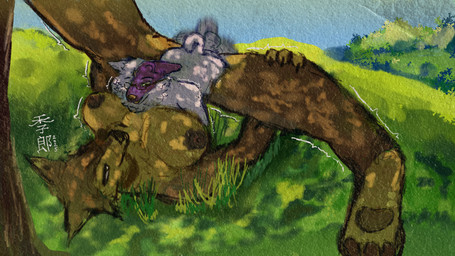 bedroom_eyes big_breasts big_butt breasts brown_body brown_nipples butt duo eye_contact eyewear female from_front_position fur glasses grass green_eyes landscape larger_female looking_at_another looking_at_partner looking_pleasured male male/female mating_press narrowed_eyes nipples paws plant purple_body purple_fur seductive sex size_difference smaller_male surgical_suture thick_thighs tree under_tree white_body yellow_body yellow_fur kirou canid canine canis domestic_dog humanoid mammal wolf 16:9 4k absurd_res hi_res widescreen