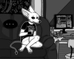 alternative_fashion anthro chair clothing coffee_mug collar computer_monitor desk ear_piercing ear_ring fingerless_gloves furniture gloves handwear male office_chair on_sofa piercing punk ring_piercing shirt sitting sitting_on_sofa sofa solo spade_tail speech_bubble spiked_collar spikes t-shirt table tail topwear wide_eyed sinsquest ween_(band) sins_(sinsquest) bat mammal greyscale monochrome trans_(lore) trans_man_(lore)