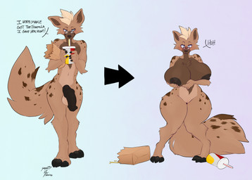 animal_genitalia animal_penis anthro balls before_and_after big_breasts blonde_hair breast_growth breasts brown_body brown_fur dialogue drinking equine_genitalia equine_penis expansion eyewear female fur gender_transformation genitals glasses growth hair hand_on_breast huge_breasts male mtf_transformation nipples nude penis round_glasses simple_background solo standing surprised tail text thigh_expansion transformation vulva wide_hips lofiflavors yogoat book-eater_(wolfman74) gnoll hyena mammal 2023 digital_media_(artwork) english_text hi_res