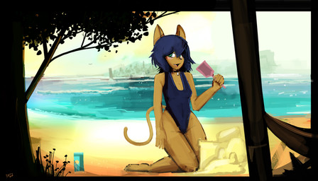 5_fingers anthro beach biped blue_clothing blue_hair blue_swimwear breasts brown_body brown_ears brown_fur brown_tail clothed clothing day detailed_background feet female fingers fur green_eyes hair holding_object humanoid_feet humanoid_hands jewelry kneeling landscape looking_aside necklace one-piece_swimsuit open_mouth outside pink_tongue plant plantigrade sand sand_castle scenery sculpture seaside shovel sky solo swimwear tail tongue tools tree water year dirtyscoundrel tali_hartoh domestic_cat felid feline felis mammal 2017 absurd_res digital_media_(artwork) digital_painting_(artwork) hi_res painting_(artwork) signature