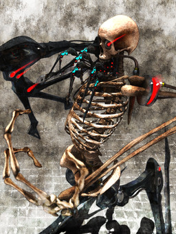 3_fingers ambiguous_gender bone brown_body checkered checkered_floor cybernetic_eye cybernetics fingers glowing glowing_eyes human_skull long_arms looking_at_viewer machine mechanical_arm mechanical_leg not_furry red_eyes rib_cage skeleton skull solo spines teeth wire deino_(artist) calne_ca animated_skeleton humanoid robot robot_humanoid undead 2009 3:4 3d_(artwork) autodesk_3ds_max_(artwork) digital_media_(artwork) hi_res female_(lore)