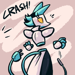 4_fingers anthro blue_hair cable_tail clothed clothing electrical_cord electrical_plug electrical_plug_tail eyelashes female fingers floating_hands hair machine open_mouth rear_view simple_background solo tail text yellow_eyes advos deltarune undertale_(series) tasque_manager darkner felid feline mammal robot 1:1 digital_media_(artwork) english_text hi_res