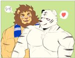 anthro blush brown_mane chest_tuft clothed clothing duo facial_scar fur green_background heart_symbol male male/male mane muscular muscular_anthro muscular_male pecs pink_nose scar simple_background striped_body striped_fur stripes tan_body tan_fur topless towel tuft white_body white_fur x_scar pkylblu animal_crossing nintendo elvis_(animal_crossing) rolf_(animal_crossing) felid lion mammal pantherine tiger 2020 hi_res