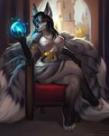 5d anthro areola black_hair blue_eyes breasts eyebrows eyelashes female hair long_tail multi_tail nipples nude sitting smile solo tail felicia_cat canid canine fox mammal 2022 digital_media_(artwork) hi_res