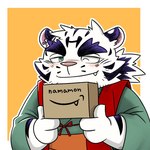 anthro blush box clothed clothing container cute_fangs fangs fur humanoid_hands kemono male one_eye_closed pink_nose simple_background solo teeth white_body white_fur wink mind_drive mizuse_higomaru amazon_(company) felid mammal pantherine tiger 1:1 2021