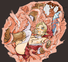 ambiguous_gender ambiguous_pred blonde_hair blue_eyes butt clothing dissolving_clothing ear_piercing goron_tunic hair hylian_shield imminent_rape imminent_sex imminent_tentacle_rape male male/ambiguous nipples not_furry piercing shield solo tentacles torn_clothing vore unknown_artist nintendo ocarina_of_time the_legend_of_zelda link navi humanoid hylian like_like mammal monster