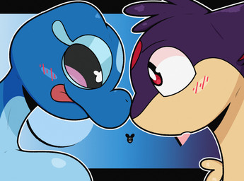 ambiguous_gender anthro blue_body blush blush_lines breasts chest_tuft duo eye_contact eyebrows female hair looking_at_another mouth_closed open_mouth red_eyes tongue tongue_out tuft white_sclera luanctoons nintendo pokemon pokemon_winds_and_waves quill_(luanctoons) gecqua generation_10_pokemon generation_2_pokemon mammal pokemon_(species) quilava scalie 2026 absurd_res digital_media_(artwork) hi_res