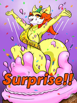 anthro big_breasts big_ears birthday birthday_cake black_nose breasts cake candle clothing confetti convenient_censorship curvy_figure dessert dipstick_tail eyelashes female fire food fur hat headgear headwear hourglass_figure icing_on_body inner_ear_fluff markings motion_lines multicolored_body multicolored_fur nude orange_eyes party_hat pop_out_cake simple_background smile smoke solo tail tail_markings text thick_thighs tuft white_body white_fur wide_hips yellow_body yellow_fur mrtoastsandwich nintendo pokemon fina_(braixian) fennekin generation_6_pokemon pokemon_(species) 3:4 cel_shading hi_res shaded