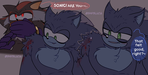 anthro asking_if_okay bite bite_mark blood blush blush_lines bodily_fluids covering covering_mouth duo fur male male/male shoulder_bite sound_effects sweat sweatdrop teeth text shipslucia sega sonic_the_hedgehog_(series) sonic_unleashed shadow_the_hedgehog sonic_the_hedgehog sonic_the_werehog eulipotyphlan hedgehog mammal vampire werecreature wereeulipotyphlan werehog hi_res