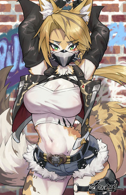 anthro big_breasts bottomwear breasts brown_body brown_fur cleavage clothed clothing countershade_fur countershading crop_top denim denim_bottomwear denim_clothing denim_shorts dipstick_tail female fur green_eyes jacket looking_at_viewer markings mask midriff mole_(marking) navel neck_tuft raised_arms shirt shorts shoulderless_topwear solo striped_body striped_fur stripes tail tail_markings topwear tuft wearing_mask white_body white_fur pmbm mihoyo zenless_zone_zero pulchra_fellini felid feline mammal thiren hi_res