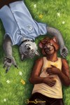 5_fingers anthro clothed clothing duo feet fingers flower fur gesture grass hair happy looking_at_viewer lying lying_on_ground male on_ground pawpads plant simple_background teeth toes jakeseeker canid canine canis mammal procyonid raccoon wolf digital_media_(artwork) hi_res