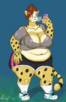 after_exercise anthro belly big_belly big_breasts breasts breath cleavage clothed clothing fauxhawk female huge_breasts mature_anthro mature_female navel nipple_outline overweight overweight_anthro overweight_female solo thick_thighs wide_hips softschwarz becca_(softschwarz) cheetah felid feline mammal absurd_res hi_res