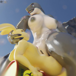 anthro barrel beach big_breasts big_butt blue_eyes bouncing_breasts breasts butt cowgirl_position dominant dominant_female duo facial_scar female from_front_position genitals green_eyes grey_body holding_head jiggling larger_female looking_pleasured male male/female music on_bottom on_top outside penetration penis public public_sex scar scars_all_over sex size_difference smaller_male thick_thighs thigh_jiggle vaginal vaginal_penetration vulva wet wet_body yellow_body breedbowl pointyaux_(sfx) brioche_(breedbowl) aquatic fish great_white_shark lagomorph leporid mackerel_shark mammal rabbit shark white_shark 1:1 3d_(artwork) 3d_animation animated blender_(artwork) blender_cycles_(artwork) digital_media_(artwork) hi_res loop short_playtime sound video