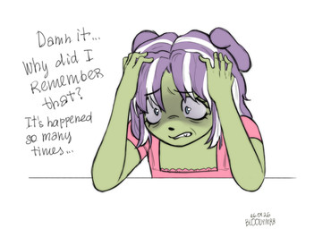 anthro blue_eyes clothed clothing ears_down female green_body hair hand_on_head multicolored_hair pink_clothing pink_topwear pivoted_ears ptsd purple_hair regret sad scared simple_background solo solo_focus thought_bubble thoughts topwear two_tone_hair white_background white_hair bloodymrr half-length_portrait hi_res portrait