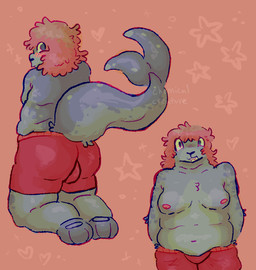 anthro arm_tuft belly belly_overhang belly_rolls blue_eyes blush blush_lines bodily_fluids bottomwear bulge bulge_from_behind butt chest_tuft clothed clothing countershading double_chin elbow_tuft fat_rolls fin front_view fur fur_tuft grey_body hair heart_symbol hip_tuft kneeling looking_at_viewer looking_back looking_forward male markings moobs navel nervous nervous_sweat nipples overweight overweight_male partially_clothed pink_hair raised_tail rear_view red_bottomwear red_clothing red_shorts shorts smile solo spots spotted_body spotted_fur standing star_symbol sweat tail tail_fin tail_tuft text thick_tail three-quarter_view topless tuft chemicalcreature juno_(chemicalcreature) aquatic mammal pinniped seal 2026 artist_name colored digital_media_(artwork) shaded signature watermark