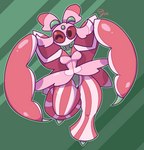 anthro breasts featureless_crotch female looking_at_viewer multicolored_body one_eye_closed pink_body solo striped_body stripes wings wink mdjoe nintendo pokemon arthropod generation_7_pokemon lurantis pokemon_(species) signature