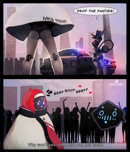 ahoge being_watched blush butt car clothed clothing command crowd dialogue doll_joints female group hair heart_symbol light_body light_skin looking_at_another machine open_mouth open_smile outside pale_skin panties police public red_hair robe screen screen_face silhouette smile speech_bubble text underwear upskirt vehicle vertical_bar_eyes white_body white_clothing white_skin psyk323 fiona_(psyk) animal_humanoid cat_humanoid felid felid_humanoid feline feline_humanoid humanoid mammal mammal_humanoid pantherine pantherine_humanoid robot tiger_humanoid character_request comic english_text hi_res pictographics