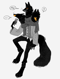 3_heads 4_toes 5_fingers amber_eyes anthro barefoot black_body black_bottomwear black_clothing black_fur black_pants bottomwear cellphone claws closed_smile clothed clothed_anthro clothed_male clothing dialogue digitigrade electronics ellipsis exclamation_point eyeless fangs feet finger_claws fingers fully_clothed fully_clothed_anthro fully_clothed_male fur grey_claws grey_clothing grey_jacket grey_scarf grey_sweater grey_topwear grin holding_cellphone holding_object holding_phone holding_smartphone jacket licking looking_at_viewer male monotone_body monotone_fur mouth_closed multi_head open_mouth open_smile orange_eyes orange_tongue pants phone pupils ringed_iris scarf self_lick simple_background smartphone smile solo speech_bubble sweater tail teeth text toes tongue tongue_out toothy_grin topwear whiskers white_background zumi3 european_mythology greek_mythology mythology canid canid_demon canine cerberus demon hellhound mammal mythological_canine mythological_creature 2022 digital_drawing_(artwork) digital_media_(artwork) english_text hi_res