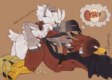 adult_on_young age_difference anthro anthro_on_anthro anthro_penetrated anthro_penetrating anthro_penetrating_anthro areola beak biped black_areola black_body black_feathers black_nipples bodily_fluids breasts brown_body brown_feathers cheek_tuft cum cum_drip cum_inside dialogue dripping duo eyebrows facial_tuft feather_hands feathers feet female female_anthro female_penetrated from_behind_position genital_fluids glistening glistening_eyes green_eyes grey_body grey_feathers hair hand_on_another's_butt hand_on_butt larger_anthro larger_female larger_penetrated looking_up loose_feather male male/female male_anthro male_penetrating male_penetrating_female multicolored_body multicolored_feathers nipples non-mammal_breasts non-mammal_nipples nude nude_anthro nude_female nude_male obscured_penetration open_beak open_mouth orange_background penetration penile penile_penetration pulling_hair scuted_legs scutes sex shaking shivering short_tail side_view simple_background size_difference small_breasts smaller_anthro smaller_male speech_marker tail talons text thought_bubble toes tongue tongue_out touching_hair tuft white_body white_feathers white_tail yellow_beak yellow_eyes young young_anthro young_male young_penetrating novaplexy nintendo the_legend_of_zelda meida tulin_(tloz) avian rito 2025 absurd_res artist_name digital_media_(artwork) english_text hi_res