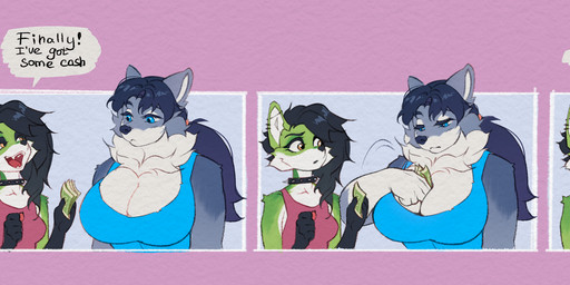 5_fingers anthro banknote big_breasts biped breasts claws cleavage clothed clothed_anthro clothed_female clothing collar countershade_torso countershading dialogue duo eye_contact female finger_claws fingers front_view fur hair huge_breasts looking_at_another money open_mouth simple_background smile speech_bubble spiked_collar spikes teeth text tongue iskra katrina_(iskra) valentina_(iskra) canid canine canis domestic_dog fox mammal 2026 comic digital_drawing_(artwork) digital_media_(artwork) english_text hi_res