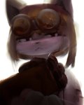 4_fingers ambiguous_gender anthro artificial_arm black_lips black_nose blood bodily_fluids brown_hair cracks eyewear fingers glasses hair kemono lips looking_at_viewer red_eyes short_hair simple_background solo white_background wounded hasukii isa_(genacvid) canid canine fox mammal 4:5