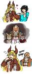 anthro blonde_hair countershading female fur group hair heart_symbol horn male text miyukiaya nekojishi studio_klondike likulau lin_hu shu-chi clouded_leopard demon felid feline felis human humanoid leopard_cat mammal pantherine prionailurus tiger 2017 english_text