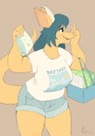 anthro bag blue_eyes blue_hair blush bottomwear clothed clothing denim denim_bottomwear denim_clothing denim_shorts diaper ear_piercing ear_ring female hair holding_diaper horn looking_away open_mouth pants piercing raised_arms raised_tail ring_piercing shirt shorts simple_background smile solo standing tail topwear touching_diaper yellow_body yellow_skin yellow_tail ozzybear mythology molly_(ozzybear) dragon mythological_creature mythological_scalie scalie 2021 absurd_res hi_res watermark