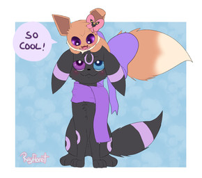 accessory bell black_body black_fur bow_(feature) bow_accessory bow_ribbon brown_body brown_fur duo fur furgonomics hair_accessory hair_bow hair_ribbon heterochromia markings purple_eyes purple_markings ribbons scarf simple_background sitting smile speech_bubble tail tail_accessory tail_bow tail_ribbon rayfloret nintendo pokemon fan_character gracie_(sweetcupcake) satiro eevee eeveelution generation_1_pokemon generation_2_pokemon pokemon_(species) umbreon