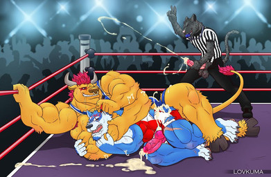 4_arms anal anal_penetration angry animal_genitalia animal_penis anthro arena armpit_hair audience balls barazoku being_watched big_balls big_muscles big_penis blue_body blue_fur bodily_fluids body_hair bodypaint boots canine_genitalia canine_penis chokehold claws clothing competition crowd cum cum_in_ass cum_inside cum_on_arm cum_on_self cum_pool cum_while_penetrated cumshot drooling ejaculation erection excessive_cum excessive_genital_fluids exhibitionism face_paint facial_piercing fangs feline_genitalia feline_penis fighting_ring footwear forced from_behind_position fur genital_fluids genitals green_eyes group hair happy headlock hooves horn humiliation hyper knot lights looking_at_another male male/male male_penetrated male_penetrating male_penetrating_male marker masturbation moan multi_arm multi_limb muscular muscular_male musk nose_piercing nose_ring open_mouth orgasm orgasm_face pain paws penetration penile penile_masturbation penis piercing pinned precum public pupils rape red_hair referee ring_piercing saliva septum_piercing sex sexual_competition sexual_fight sheath shirt shoes slit_pupils snout spoon_position sport sweat tail tail_tuft tank_top teeth tight_clothing topwear trio_focus tuft voyeur whistle_(object) wrestling wrestling_singlet yelling yellow_eyes lovkuma vince_bull bovid bovine canid canine canis cattle felid jaguar mammal pantherine wolf signature