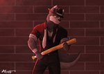 anthro baseball_bat bat_(object) clothed clothing formal_wear gangster headgear headwear male mobster multicolored_ears simple_background solo adricovy canid canine canis domestic_dog husky mammal nordic_sled_dog spitz