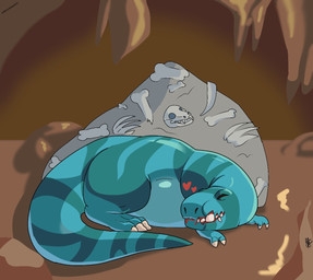 blood blood_in_mouth blue_body bodily_fluids bone cave detailed_background female feral heart_symbol pile_of_bones sleeping slightly_chubby tail oliverdonut212 primal_(series) fang_(primal) dinosaur prehistoric_species reptile saurischian scalie theropod tyrannosaurid tyrannosauroid tyrannosaurus tyrannosaurus_rex