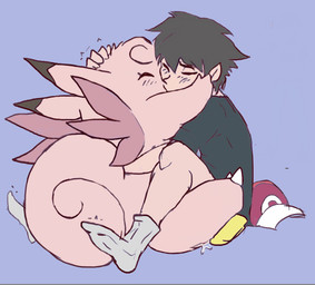 ambiguous_gender anthro baseball_cap bestiality biped black_hair bottomless bottomless_ambiguous bottomless_human claws clothed clothing curly_hair duo eyes_closed feet female feral footwear french_kissing fur hair hat head_grab headgear headwear hug human_on_feral interspecies intimate kissing male male/female pink_body pink_fur plantigrade pokephilia sex short_hair socks tail toe_claws wings haz3y third-party_edit ungulatr nintendo pokemon red_(pokemon) clefable generation_1_pokemon human mammal pokemon_(species) sketch
