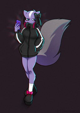 accessory anthro black_clothing black_hoodie black_topwear bottomless bottomless_anthro bottomless_female clothed clothing covered_mouth electronics female fur green_eyes grumpy hair_accessory hair_ribbon headphones headphones_around_neck hoodie looking_at_viewer nails purple_body purple_fur ribbons solo stripes topwear diaminerre aggretsuko sanrio shikabane_(aggretsuko) mammal mephitid skunk 2023 digital_drawing_(artwork) digital_media_(artwork) full-length_portrait portrait signature watermark